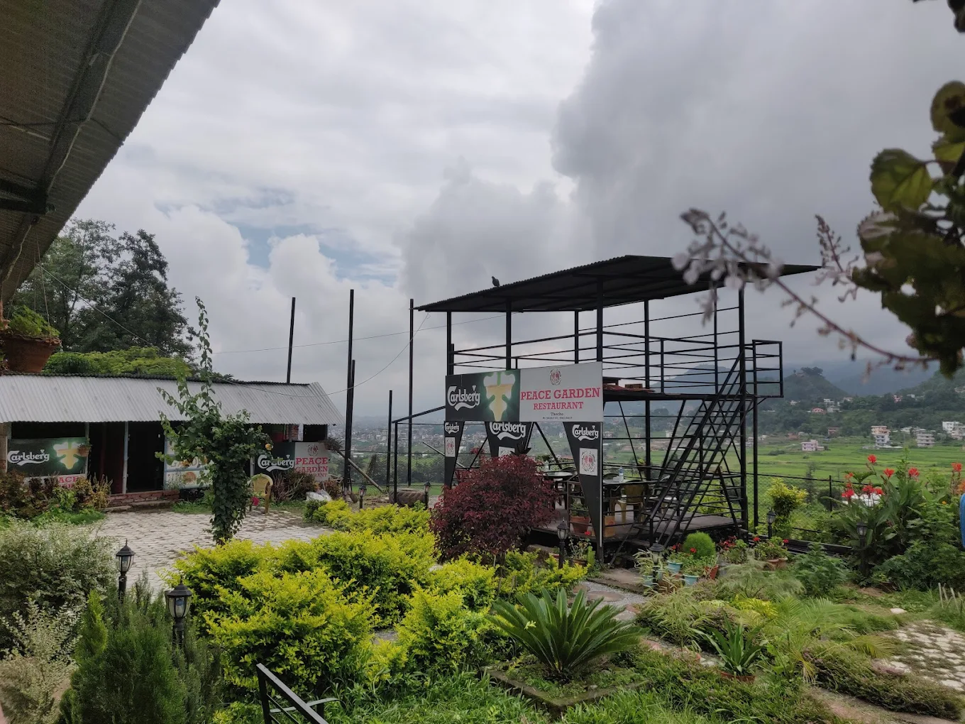 Panoramic view from Peace Garden Restaurant overlooking mountain scenery Godawari